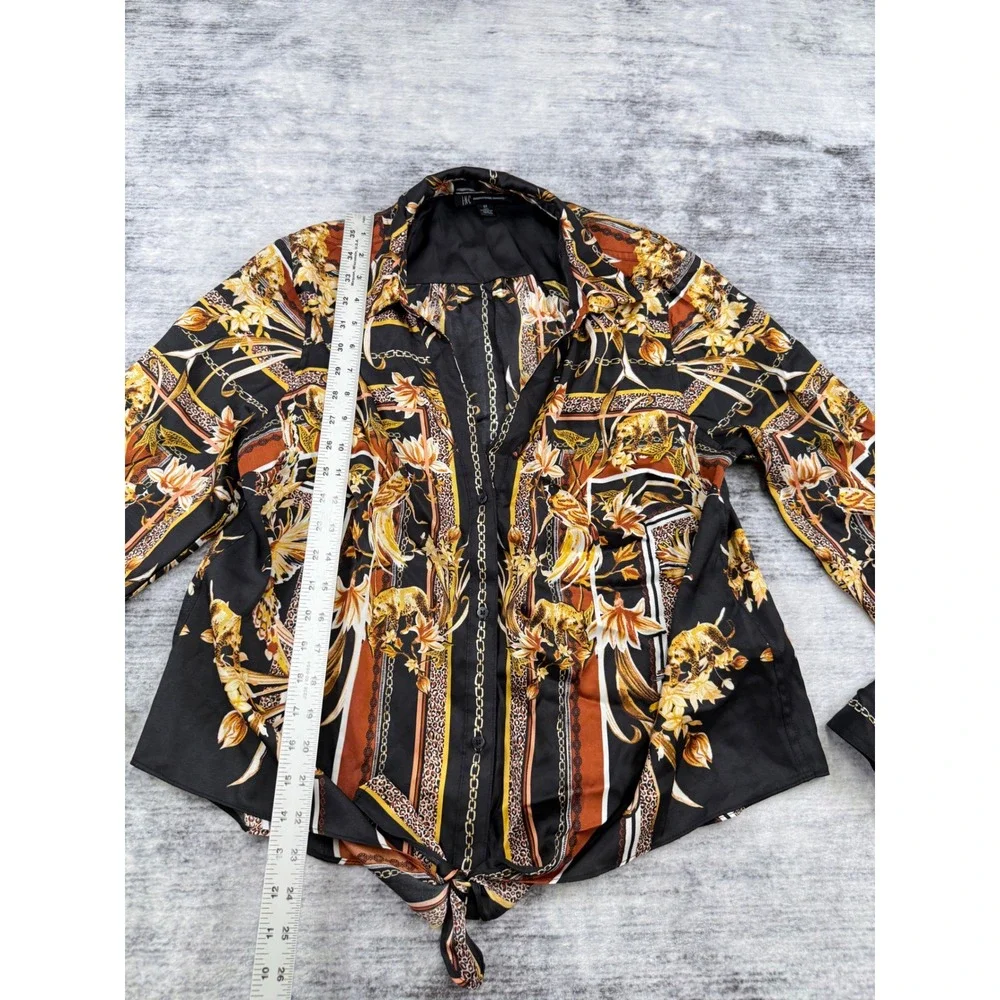 INC International Concepts Womens 0X Black Gold Scarf Print Tie Front Blouse Top